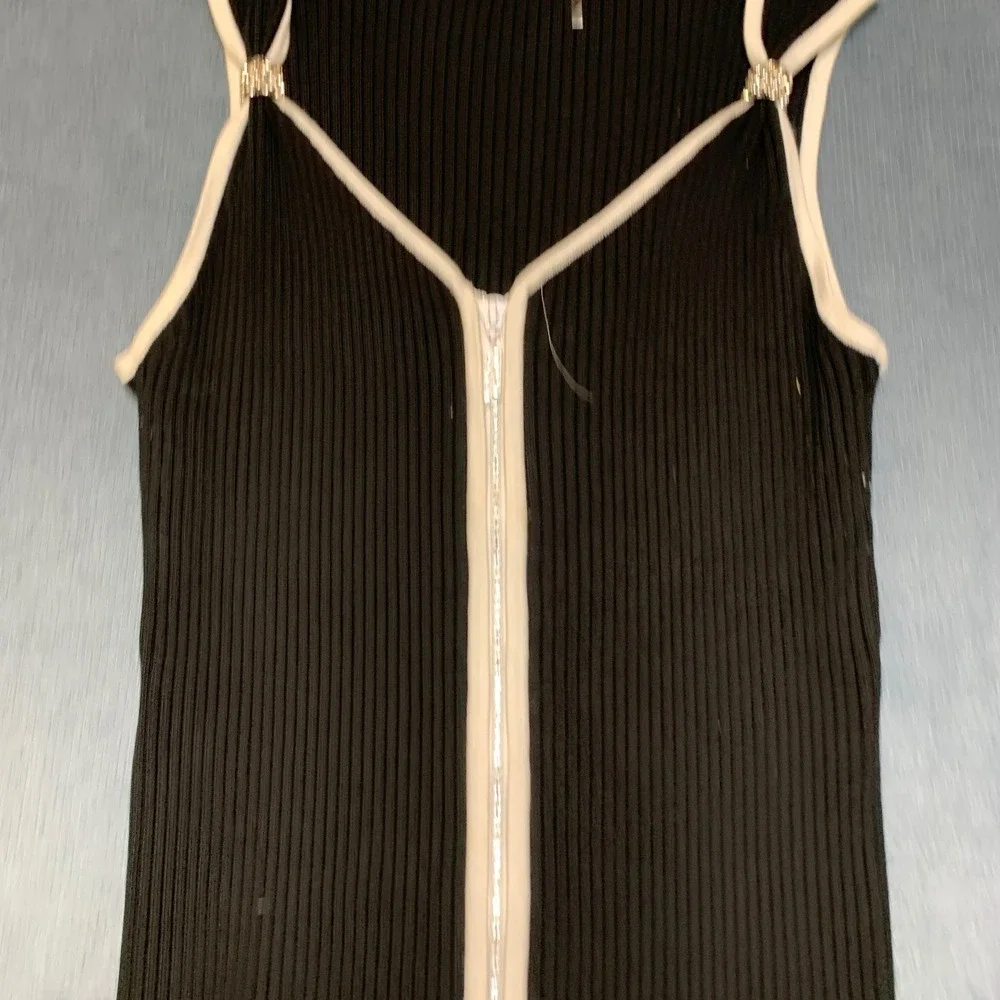 Belldini Knit Top Womens XL Black White Ribbed Sleeveless Outdoor Zip Front